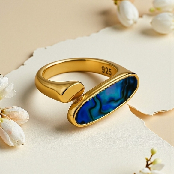 Boho Chic Adjustable Ring Abalone Shell 18K Gold Plated S925 Sterling Silver - Picture 6 of 13
